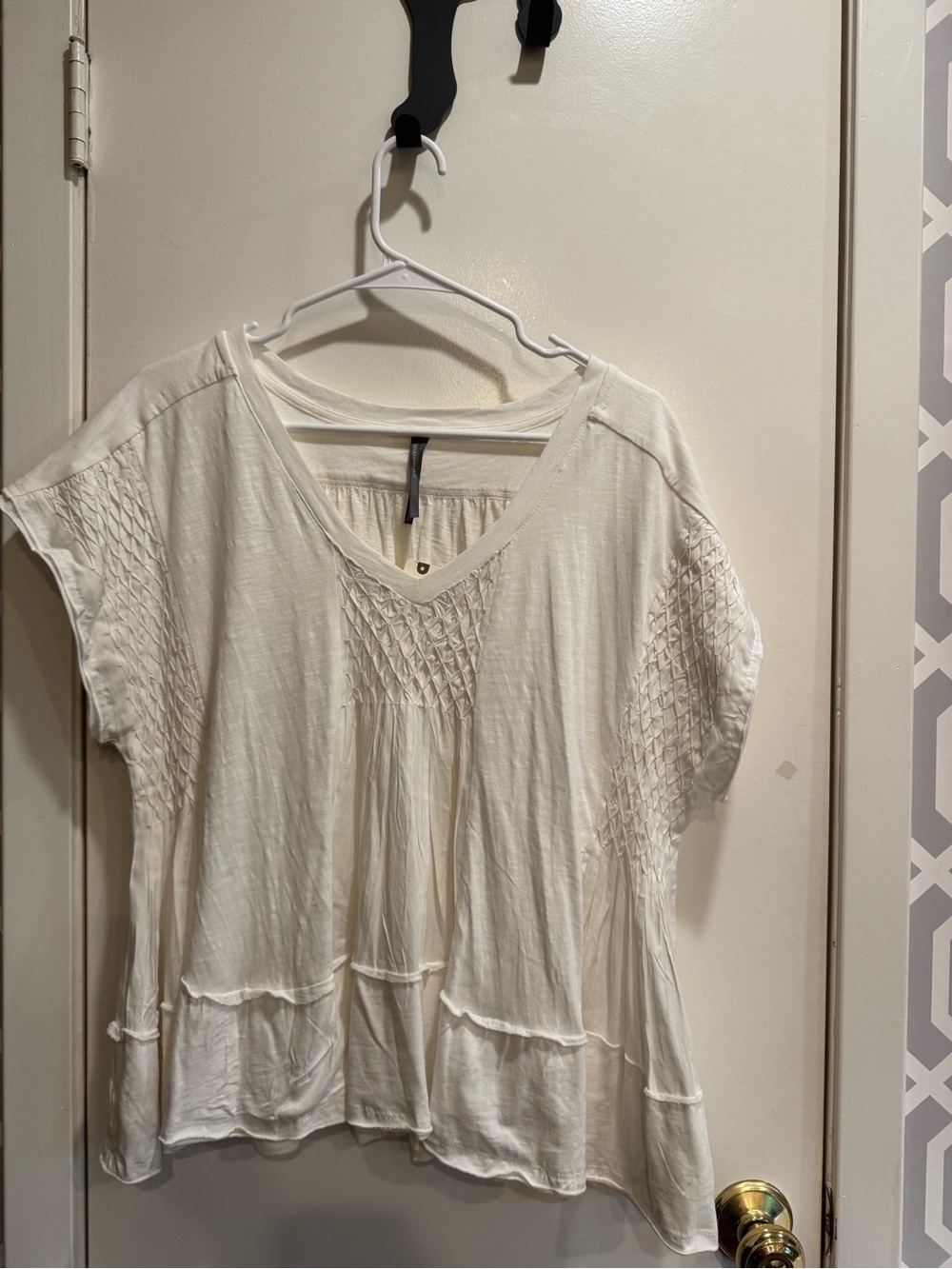 NWT L Anthropologie Cream Smocked V-Neck Peasant Blouse